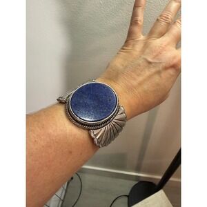 Lapis lazuli bracelet reconstituted stretch silvertone western elastic cuff EUC